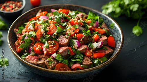 Wallpaper Mural A delectable steak salad with juicy tomatoes, fresh parsley, and vibrant red onion, garnished with sesame seeds in a rustic bowl on a dark surface looking tasty. Torontodigital.ca