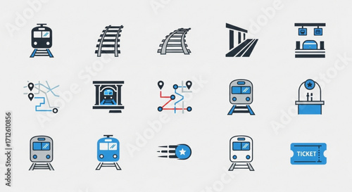 Set of train icons collection of railway, subway, metro, station, and transportation symbols vector illustration of travel elements