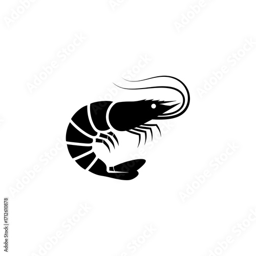 Black vector silhouette icon of a shrimp, perfect for seafood restaurant logos and menus on a white background.