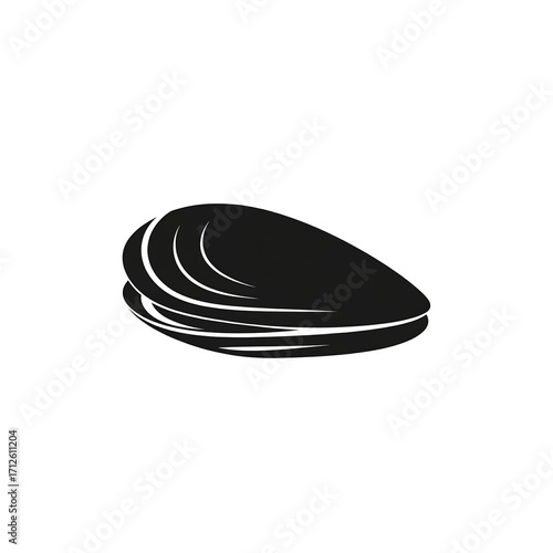 A simple black silhouette icon of a closed mussel shell, isolated on a plain light grey background.