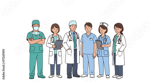 Diverse team of medical professionals in scrubs and lab coats standing together.