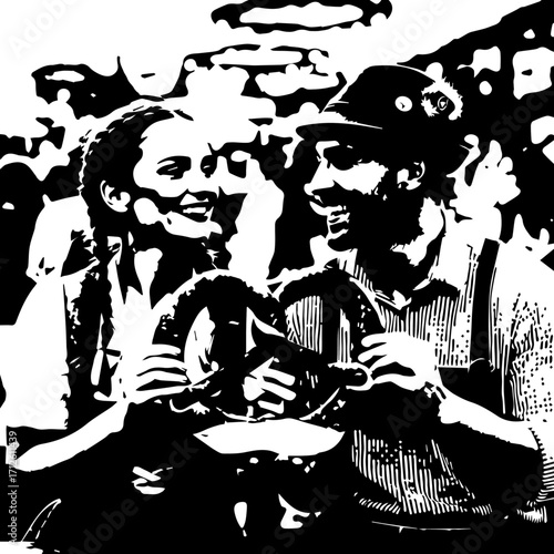 Joyful Couple Sharing a Pretzel in Traditional Bavarian Attire