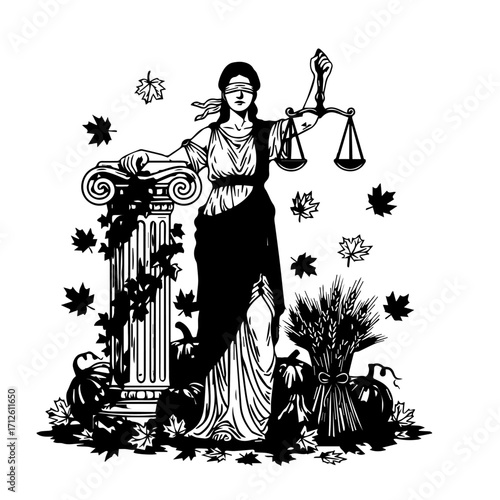 Lady Justice with scales and blindfold in a black and white autumn harvest scene with pumpkins and falling maple leaves.