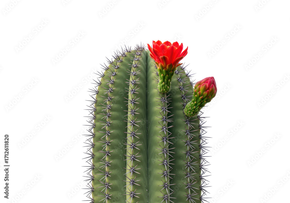 Naklejka premium Isolated flowering cactus plant, vibrant red flower blossom, green succulent prickly needles