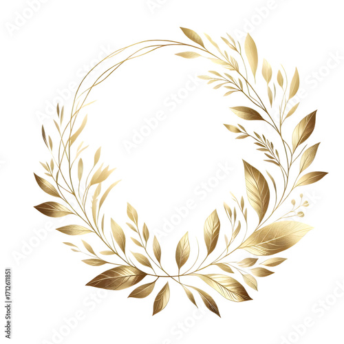 Elegant botanical wreath made of delicate leaves and branches in a shimmering gold foil effect.