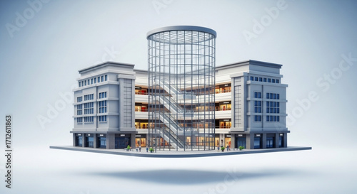 Modern shopping mall building 3d rendering illustration of commercial center with glass facade and staircase architecture design concept