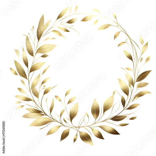 Elegant botanical wreath made of delicate leaves and branches in a shimmering gold foil effect.