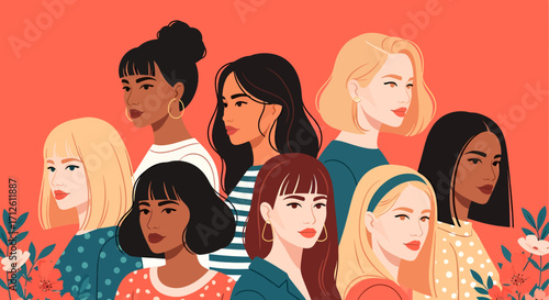 Diverse women illustration with varying hairstyles and skin tones on coral background.