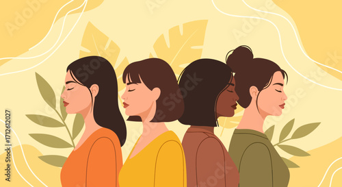 Diverse women in profile eyes closed wearing earthtoned clothing.
