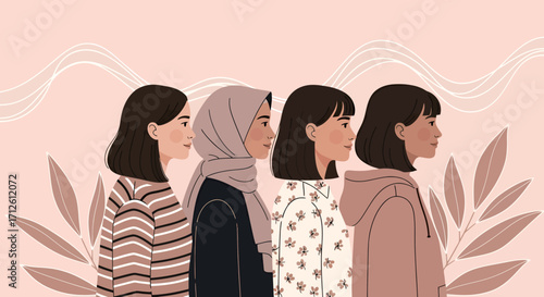 Diverse Women in Profile Striped Shirt Hijab Floral Blouse and Hoodie.