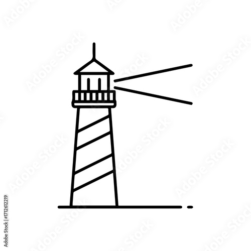 Minimalist black line art icon of a striped lighthouse shining a beam of light.