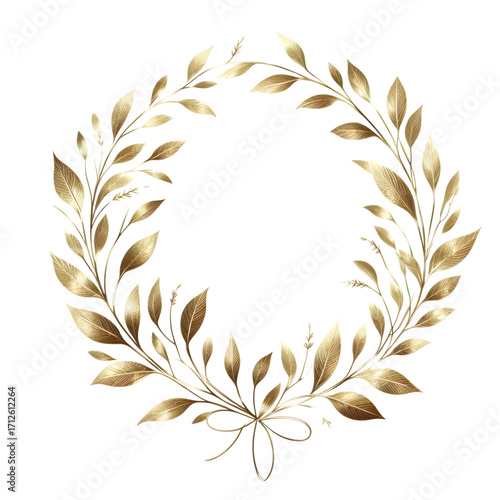 Elegant botanical wreath made of delicate leaves and branches in a shimmering gold foil effect.