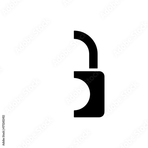 Minimalist black unlocked padlock icon with an open, curved shackle. A simple, flat graphic symbol for security and access.