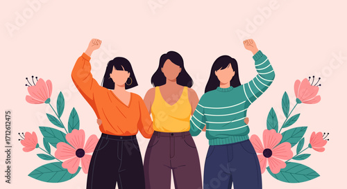 Empowered diverse women raising fists amidst floral accents symbolizing solidarity and strength.