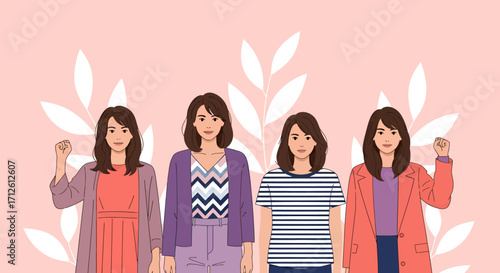 Four Diverse Women Standing Together in Solidarity with Raised Fists.