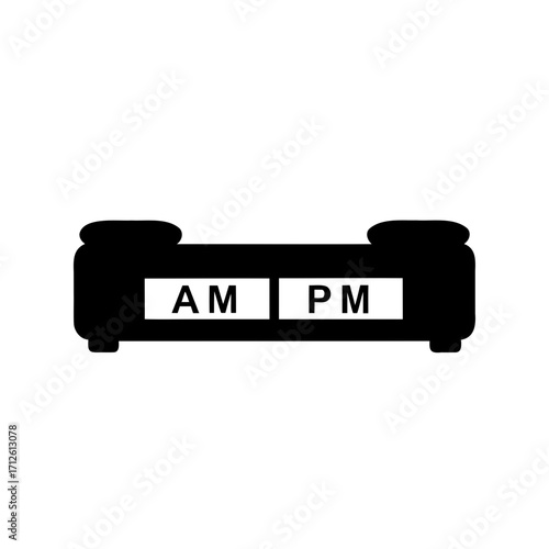 Retro flip clock displaying AM and PM in black and white format