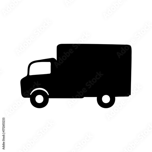 Black silhouette of a delivery truck with a boxy shape on a white backdrop