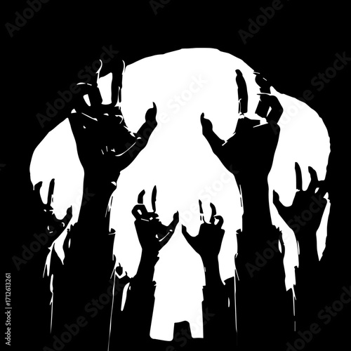Monochromatic graphic art of silhouetted hands reaching upward, forming an abstract skull.