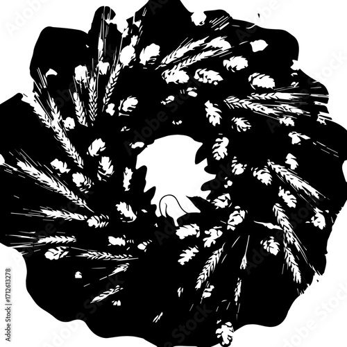 Monochromatic circular graphic design of stylized wheat ears and hop cones with a central leaf.