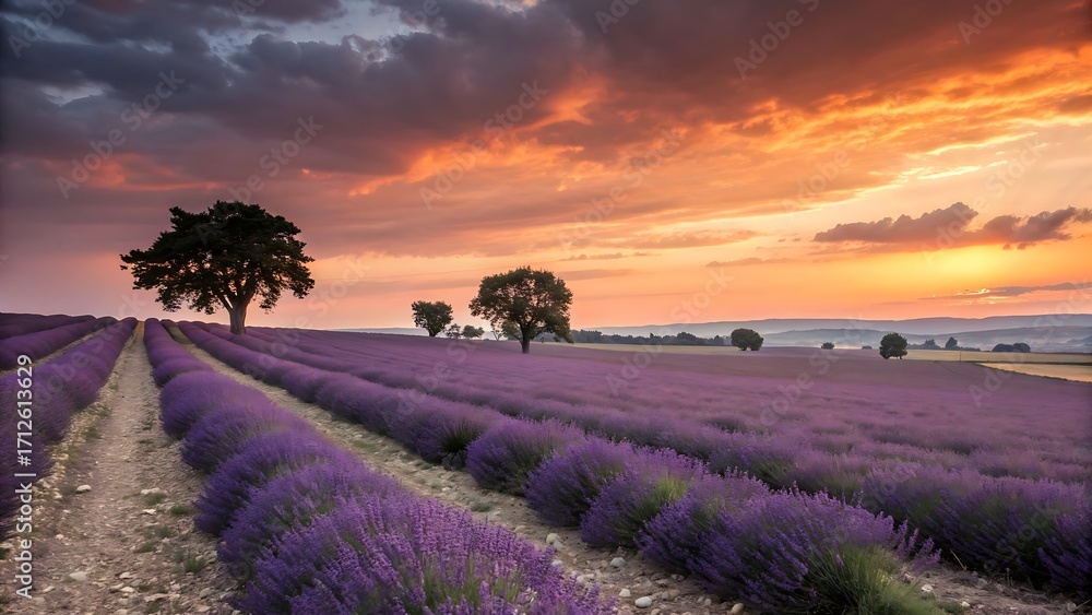 Fototapeta premium Berautiful summer sunset over lavender field