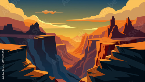 A landscape of contrasts where the deep canyons contrast with the vast open sky and the jagged rock formations create a striking silhouette against the horizon.