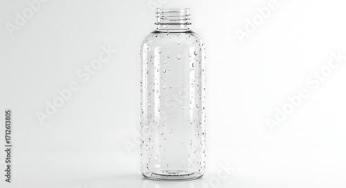 Clear plastic bottle with small dark particles inside, isolated on white background