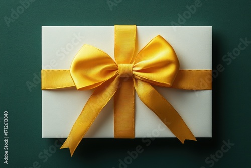 Postcard with a yellow bow. Gift with a satin bow on dark green background. Kraft.