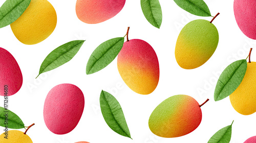 Mango fruit pattern with green leaves transparency background, colorful tropical design with fresh ripe mangoes and natural