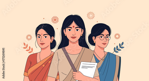 Three South Asian Women in Traditional and Modern Attire with Bindis.