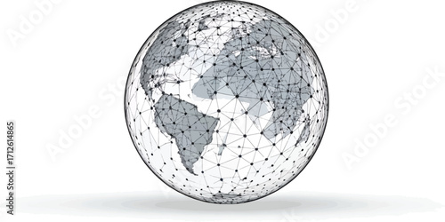 Polygonal wireframe globe depicting a worldwide communication network, symbolizing digital data connections and global technology