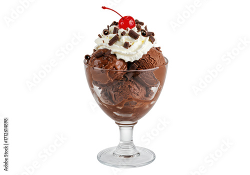 фотографія Isolated sundae with chocolate ice cream, whipped cream, cherry, in vintage dess