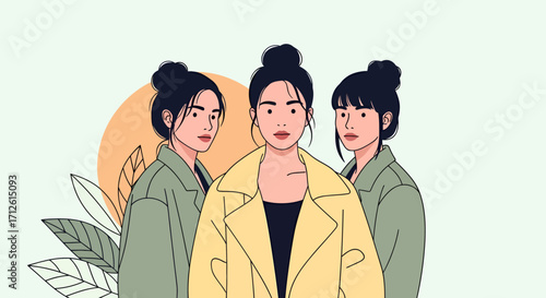 Three stylized women with topknots wearing fashionable coats and neutral expressions.