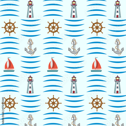 Pattern on the theme of sea travel.Vector seamless pattern with lighthouse, sailboat and ship rigging.