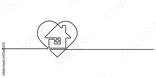 House with heart continuous one line drawing. love home symbol. Home Sweet Home Continuous Line Icon, Heart inside house continuous one line drawn. Love home concept. Editable stroke