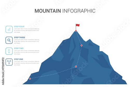 Mountain infographic template, leadership and motivation, mountain progression path, isolated on white background, climbing progress route, mountain peak overcoming.