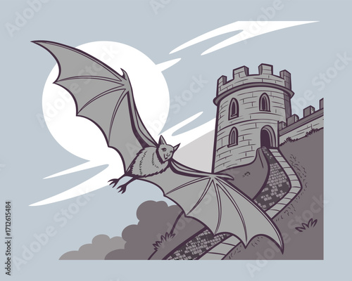 Nocturnal animal bat flying under moonlight in dark sky