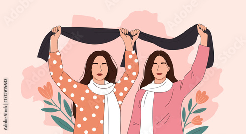 Two Women Holding Black Fabric Above Heads in Solidarity Illustration.