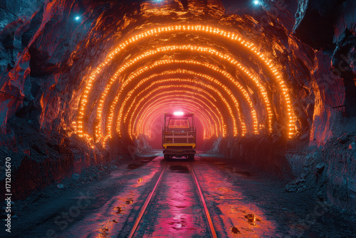 Train with lights, speeding through tunnel.
