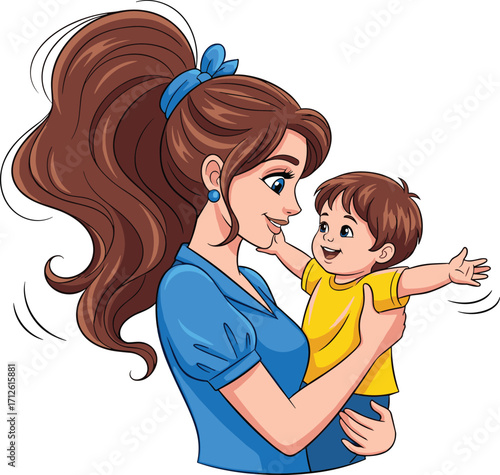 Beautiful vector illustration of a loving mother holding her happy child, smiling together, family relationship, motherhood bond, parenting care, cartoon character design
