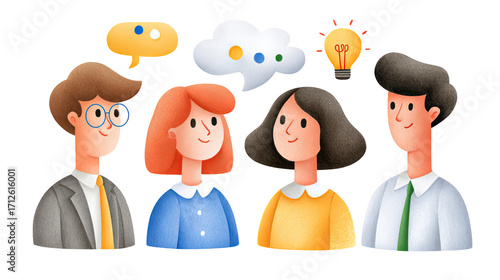 Creative business team brainstorming with speech bubbles and light bulb idea concept illustration