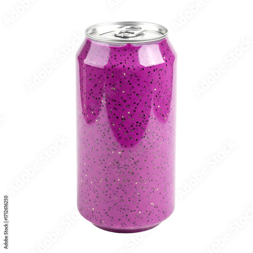 Clear plastic drink can with silver pull ring tab lid filled with a purple smoothie with tiny black seeds isolated background is white