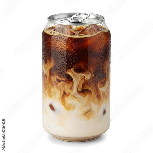 Clear plastic drink can with silver pull ring tab lid filled with cold brew coffee features ice cubes and swirl of dark coffee and creamy milk, isolated on white background