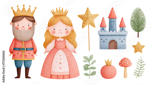 Watercolor king and queen with castle, star wand, and nature elements in cute fairy tale style