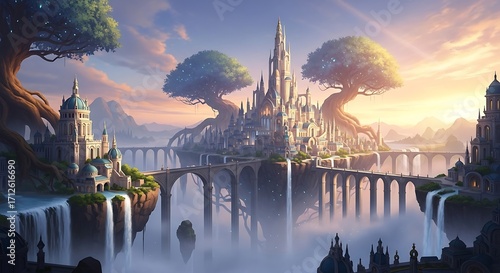 Floating City Architecture with Majestic Trees and Waterfalls.