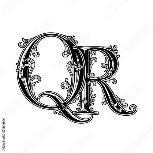 Ornate Initial Letters QR Intertwined in Black and White Design