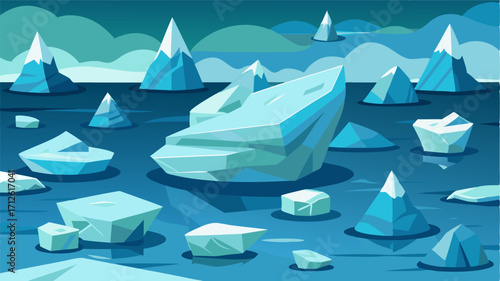 Icebergs of all shapes and sizes tered amidst the frozen sea appearing like pieces of a puzzle waiting to be solved.