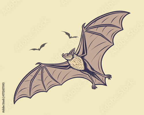 Nocturnal animal bat flying under moonlight in dark sky