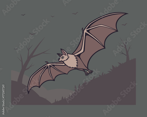 Nocturnal animal bat flying under moonlight in dark sky