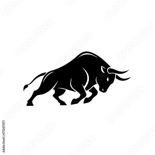 Powerful Black Silhouette of a Charging Bull with Curved Horns