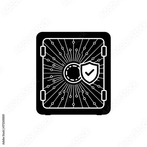 Secure Digital Safe Icon: Black and White Cyber Security Vault with Shield and Checkmark